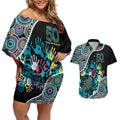 Honouring 50 Year Of NAIDOC Couples Matching Off Shoulder Short Dress and Hawaiian Shirt Honouring The Next Generation Pastel Aboriginal Art
