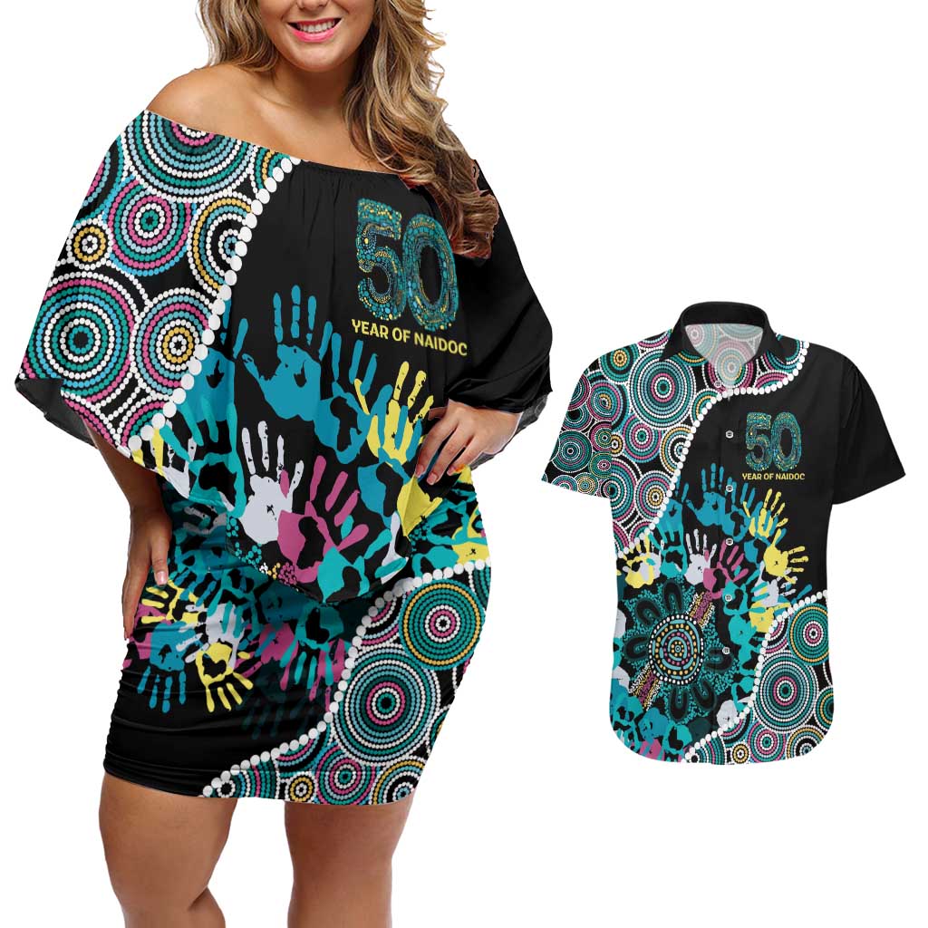 Honouring 50 Year Of NAIDOC Couples Matching Off Shoulder Short Dress and Hawaiian Shirt Honouring The Next Generation Pastel Aboriginal Art