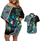 Honouring 50 Year Of NAIDOC Couples Matching Off Shoulder Short Dress and Hawaiian Shirt Honouring The Next Generation Pastel Aboriginal Art