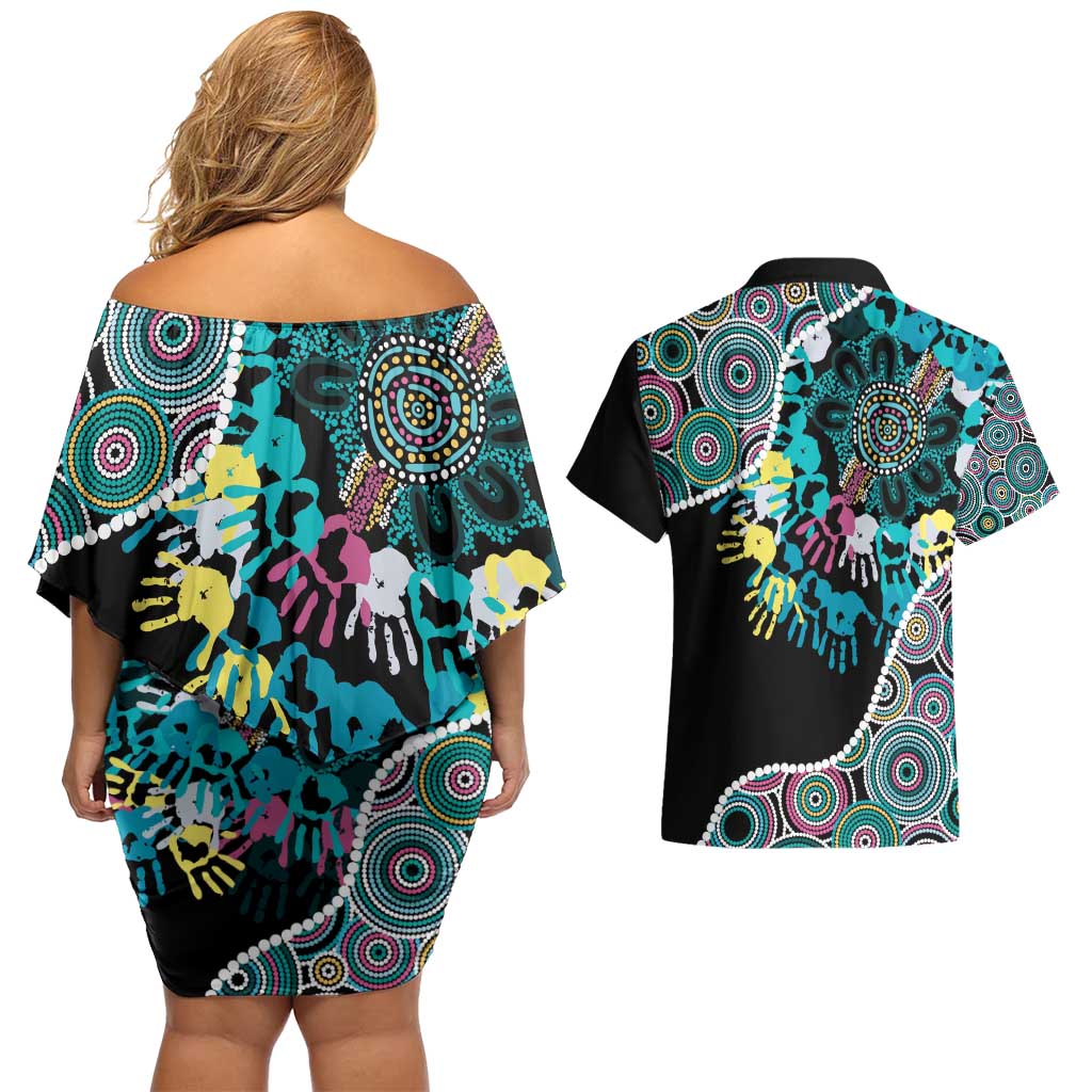 Honouring 50 Year Of NAIDOC Couples Matching Off Shoulder Short Dress and Hawaiian Shirt Honouring The Next Generation Pastel Aboriginal Art
