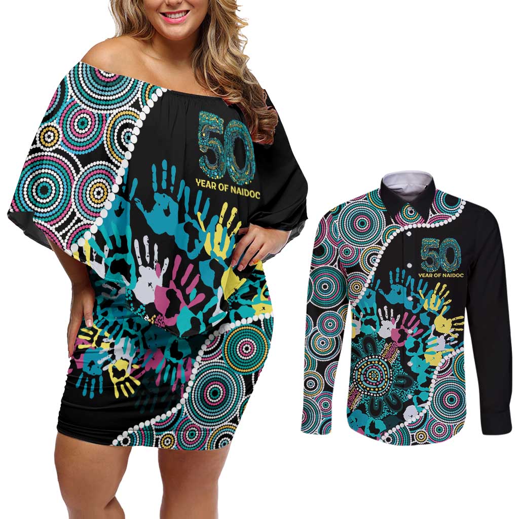 Honouring 50 Year Of NAIDOC Couples Matching Off Shoulder Short Dress and Long Sleeve Button Shirt Honouring The Next Generation Pastel Aboriginal Art