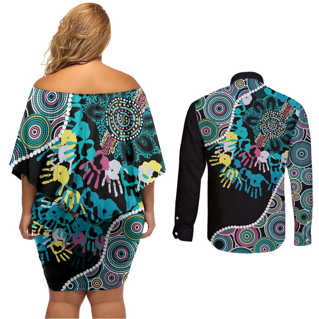 Honouring 50 Year Of NAIDOC Couples Matching Off Shoulder Short Dress and Long Sleeve Button Shirt Honouring The Next Generation Pastel Aboriginal Art