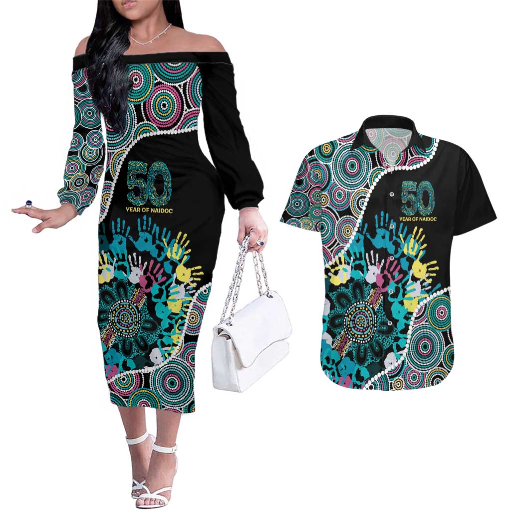 Honouring 50 Year Of NAIDOC Couples Matching Off The Shoulder Long Sleeve Dress and Hawaiian Shirt Honouring The Next Generation Pastel Aboriginal Art