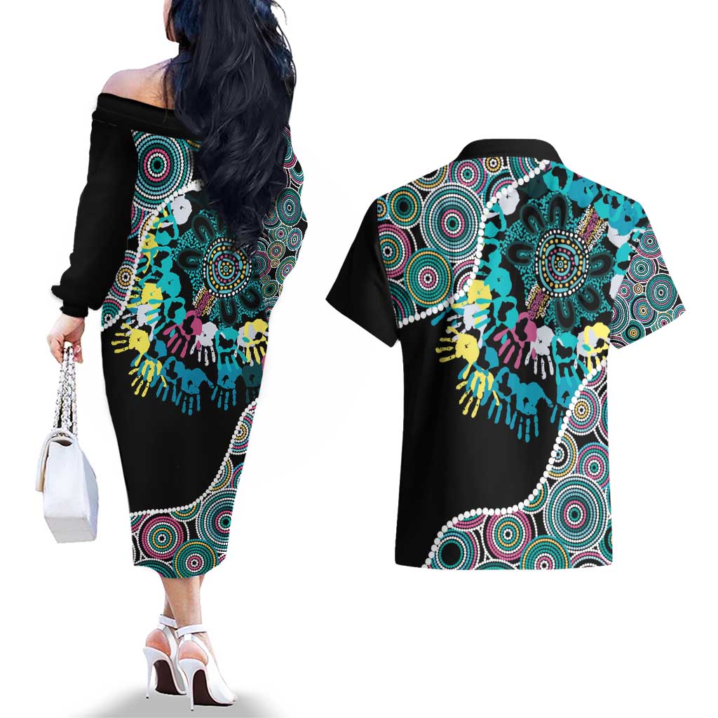 Honouring 50 Year Of NAIDOC Couples Matching Off The Shoulder Long Sleeve Dress and Hawaiian Shirt Honouring The Next Generation Pastel Aboriginal Art