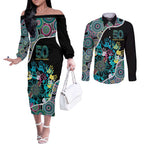 Honouring 50 Year Of NAIDOC Couples Matching Off The Shoulder Long Sleeve Dress and Long Sleeve Button Shirt Honouring The Next Generation Pastel Aboriginal Art