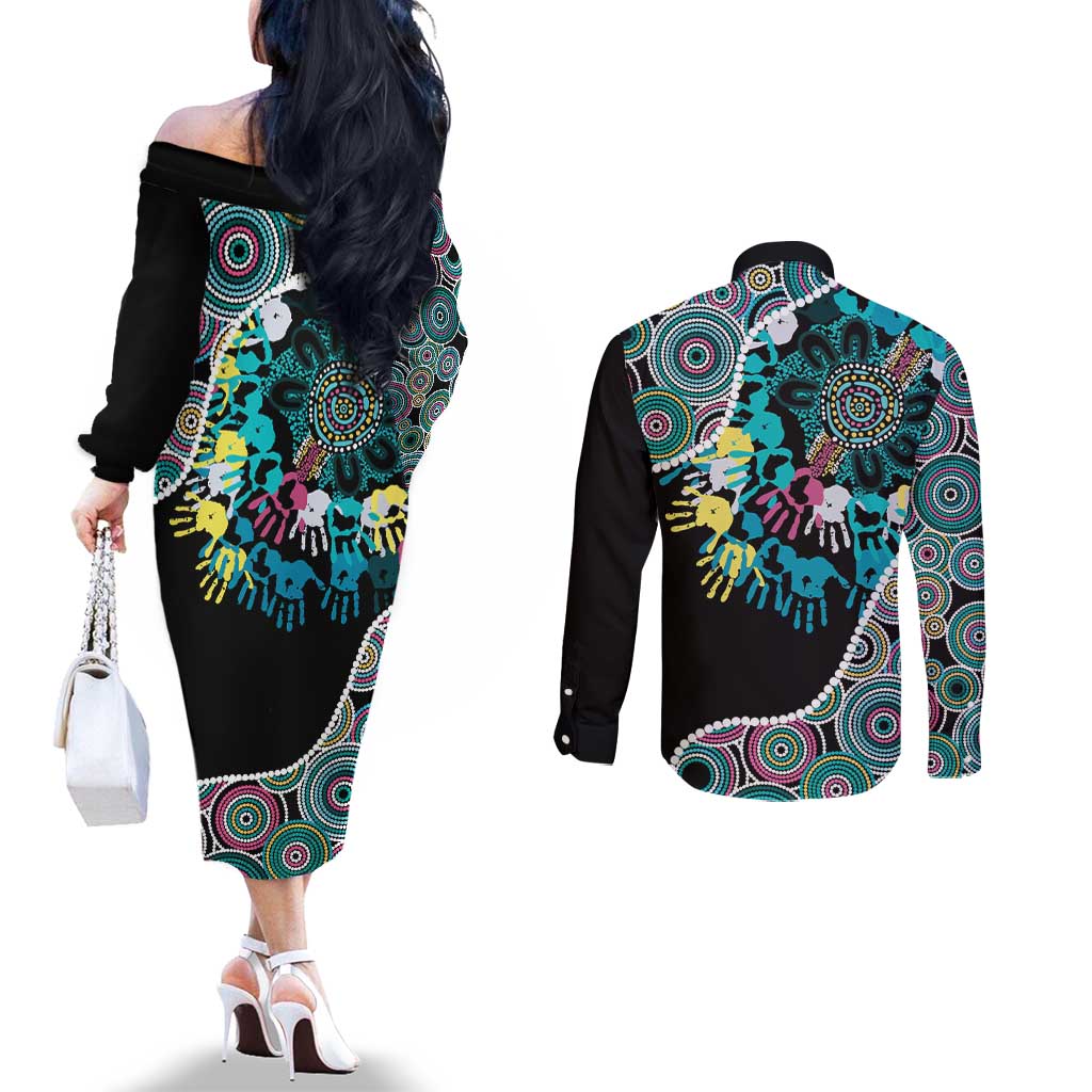 Honouring 50 Year Of NAIDOC Couples Matching Off The Shoulder Long Sleeve Dress and Long Sleeve Button Shirt Honouring The Next Generation Pastel Aboriginal Art
