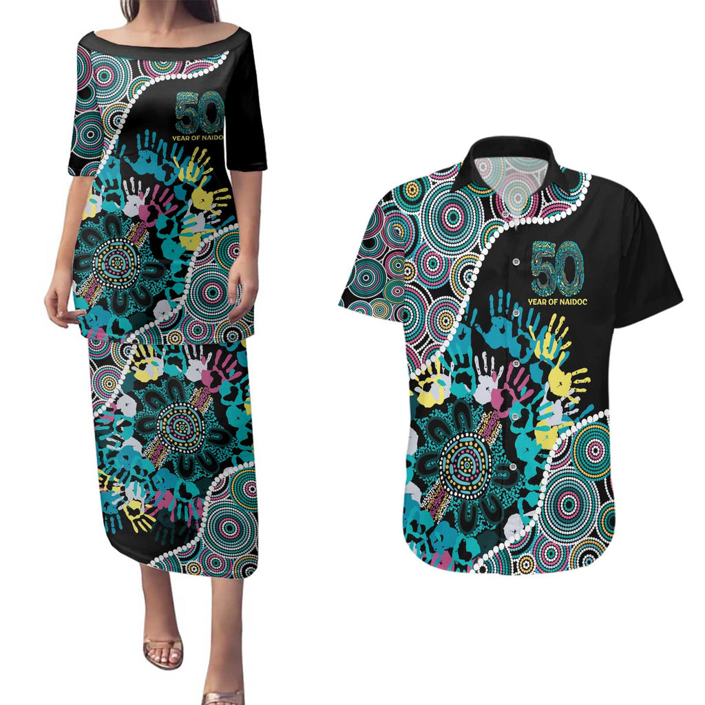 Honouring 50 Year Of NAIDOC Couples Matching Puletasi and Hawaiian Shirt Honouring The Next Generation Pastel Aboriginal Art