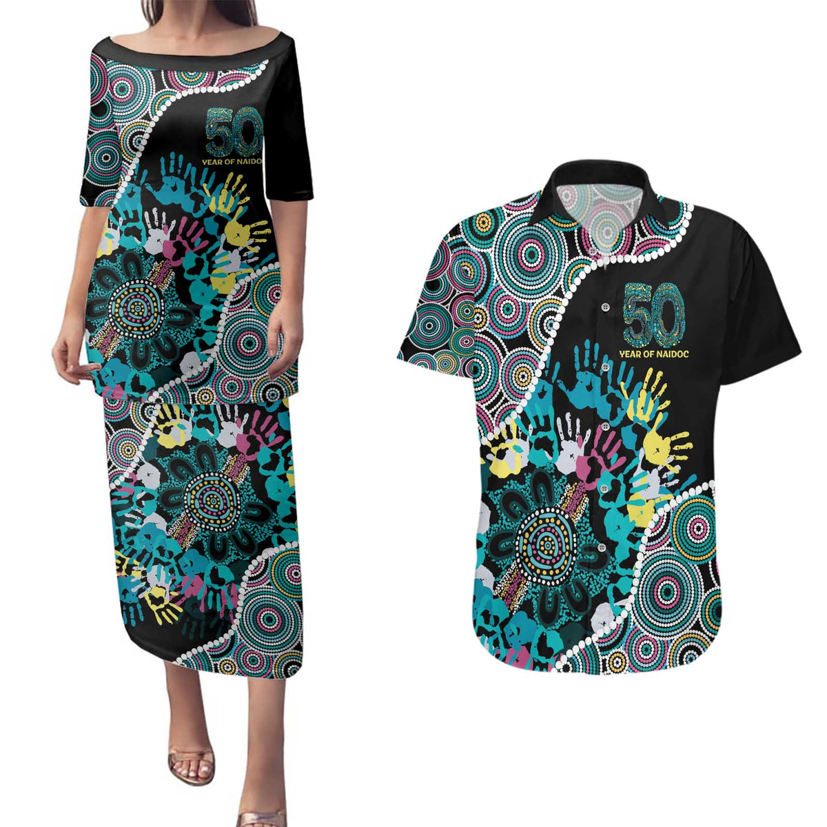 Honouring 50 Year Of NAIDOC Couples Matching Puletasi and Hawaiian Shirt Honouring The Next Generation Pastel Aboriginal Art