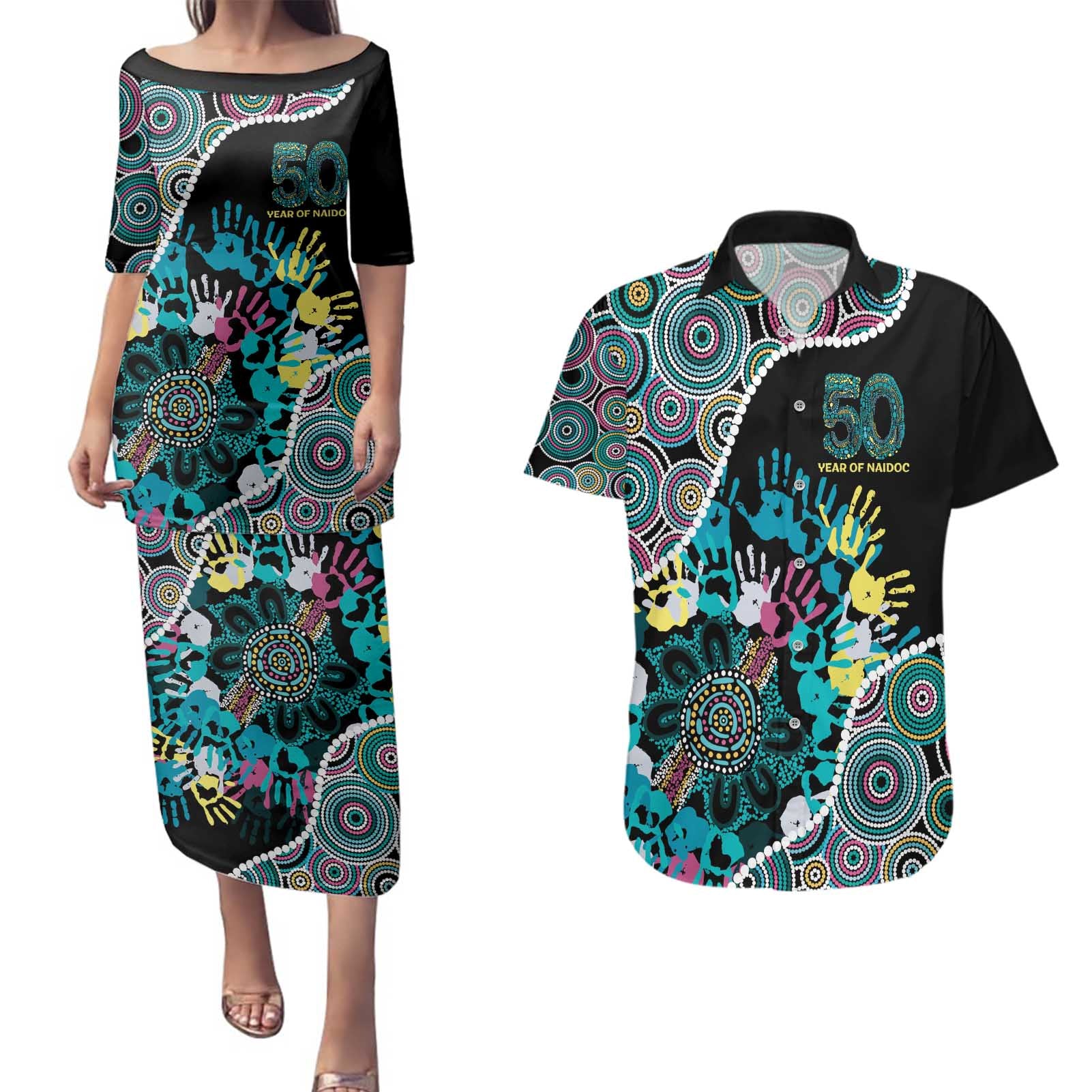 Honouring 50 Year Of NAIDOC Couples Matching Puletasi and Hawaiian Shirt Honouring The Next Generation Pastel Aboriginal Art