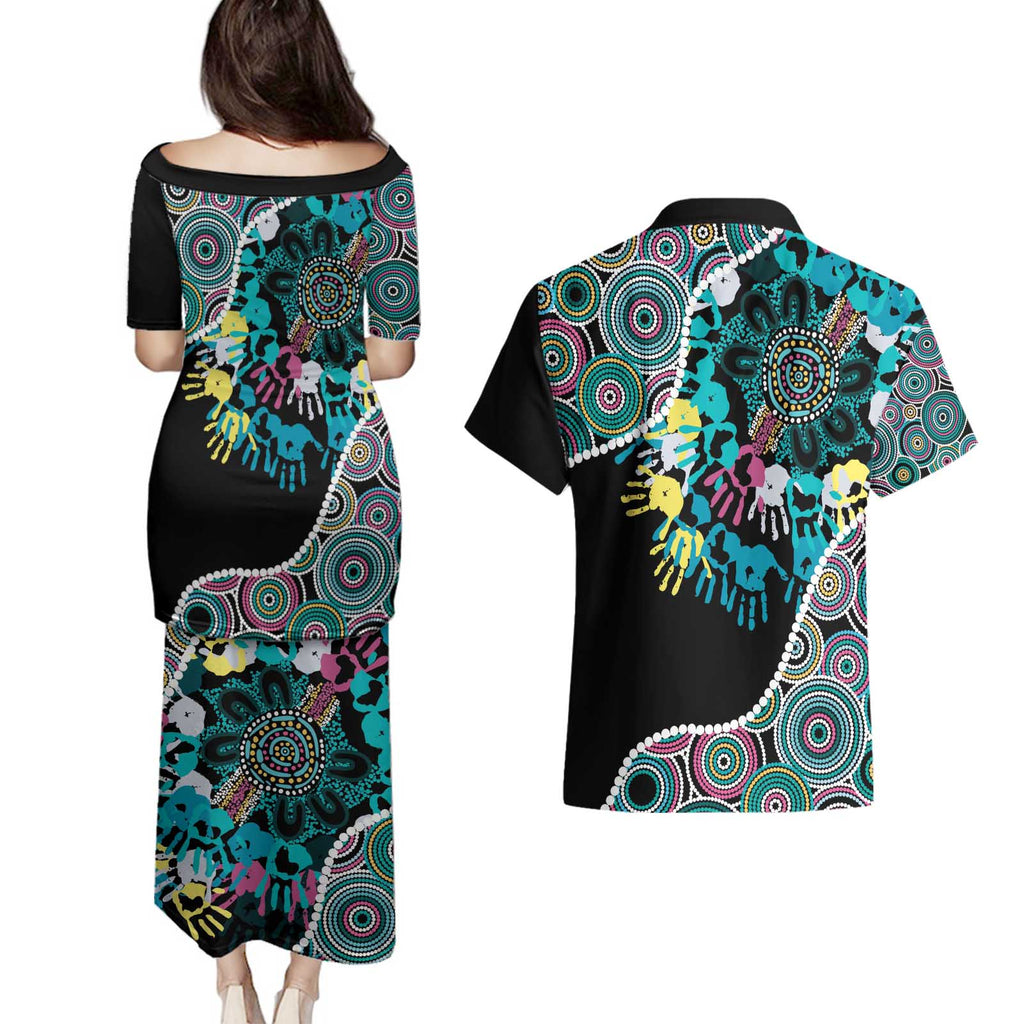 Honouring 50 Year Of NAIDOC Couples Matching Puletasi and Hawaiian Shirt Honouring The Next Generation Pastel Aboriginal Art