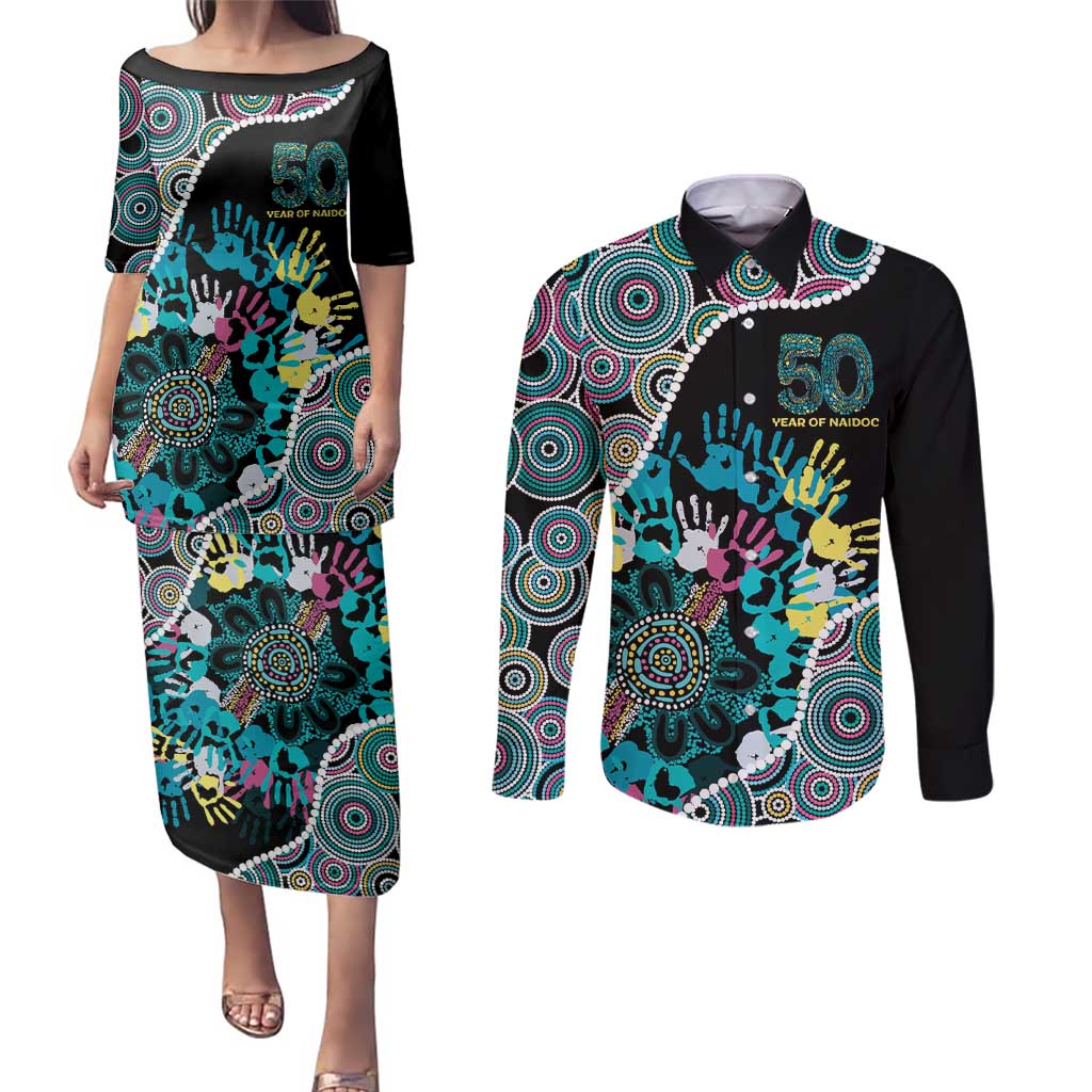Honouring 50 Year Of NAIDOC Couples Matching Puletasi and Long Sleeve Button Shirt Honouring The Next Generation Pastel Aboriginal Art