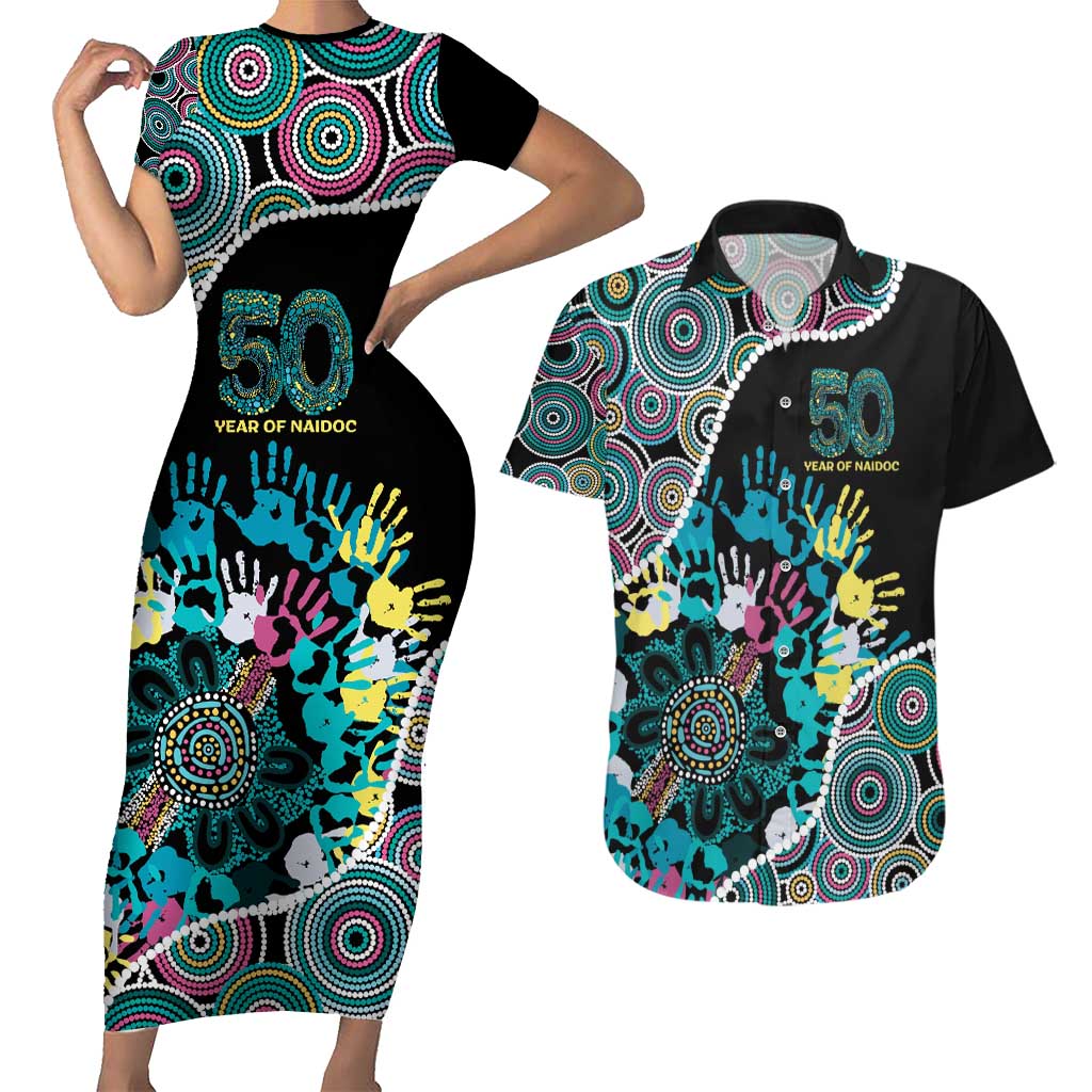Honouring 50 Year Of NAIDOC Couples Matching Short Sleeve Bodycon Dress and Hawaiian Shirt Honouring The Next Generation Pastel Aboriginal Art