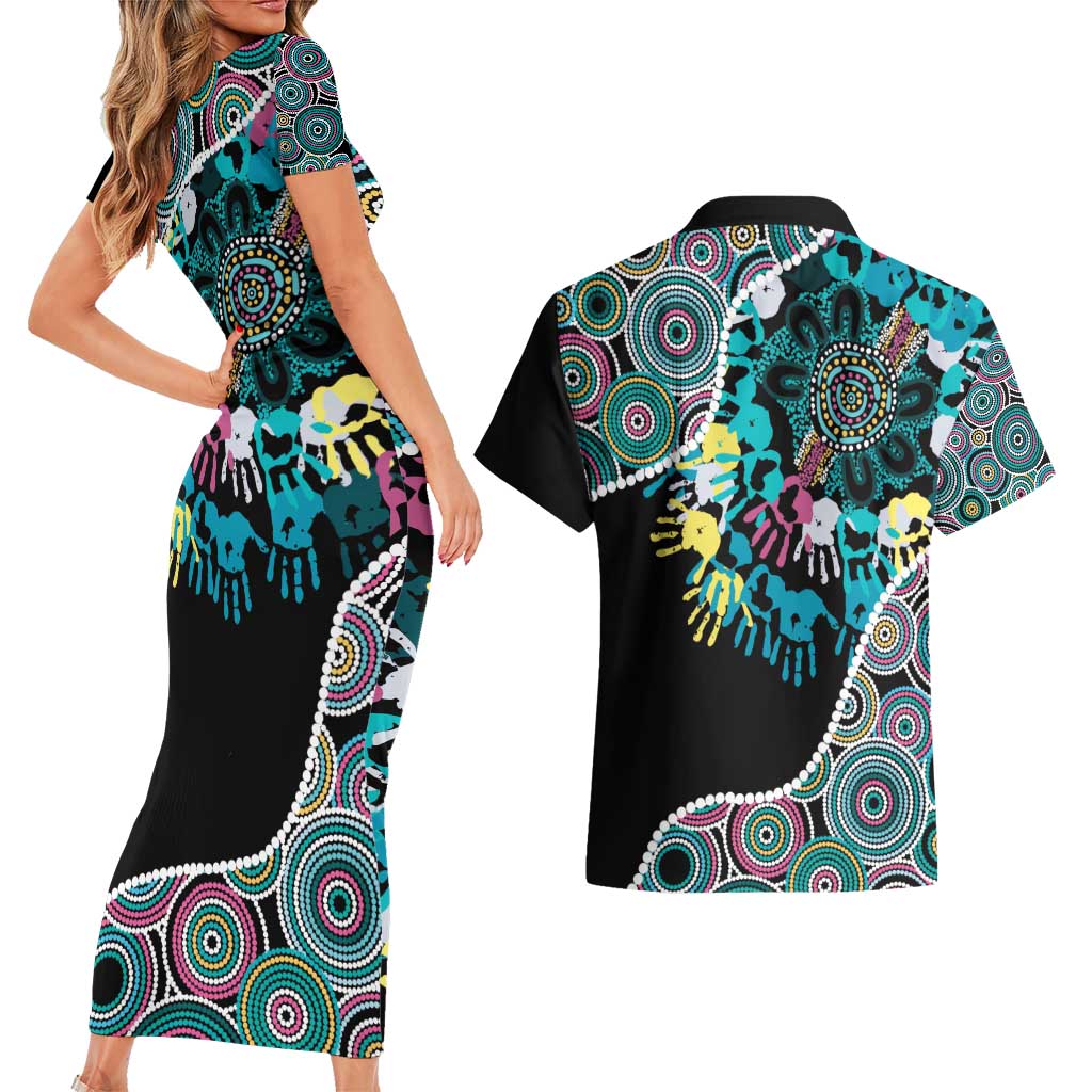 Honouring 50 Year Of NAIDOC Couples Matching Short Sleeve Bodycon Dress and Hawaiian Shirt Honouring The Next Generation Pastel Aboriginal Art