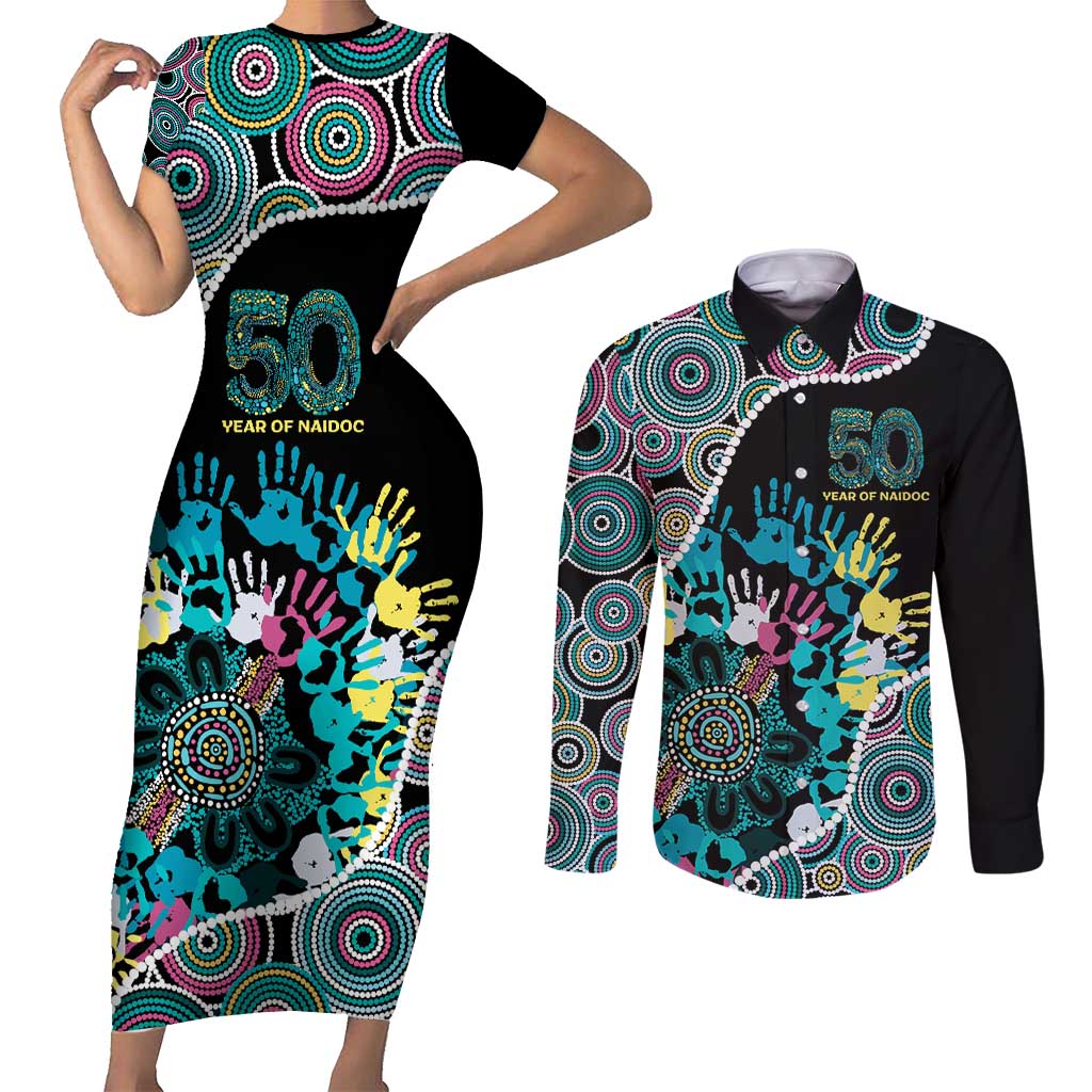 Honouring 50 Year Of NAIDOC Couples Matching Short Sleeve Bodycon Dress and Long Sleeve Button Shirt Honouring The Next Generation Pastel Aboriginal Art