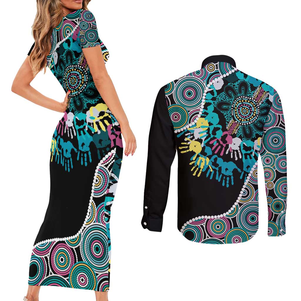 Honouring 50 Year Of NAIDOC Couples Matching Short Sleeve Bodycon Dress and Long Sleeve Button Shirt Honouring The Next Generation Pastel Aboriginal Art