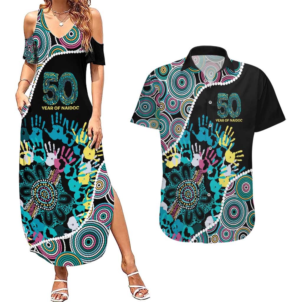 Honouring 50 Year Of NAIDOC Couples Matching Summer Maxi Dress and Hawaiian Shirt Honouring The Next Generation Pastel Aboriginal Art