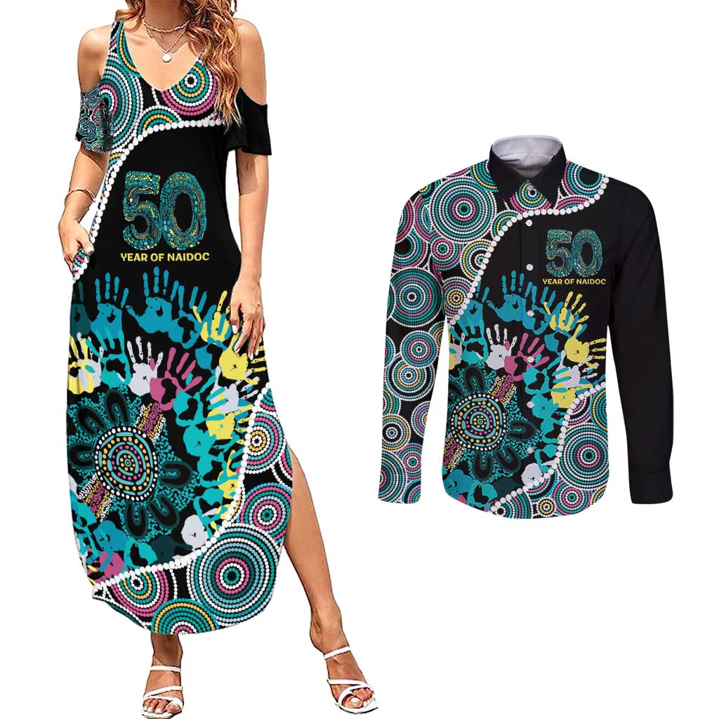 Honouring 50 Year Of NAIDOC Couples Matching Summer Maxi Dress and Long Sleeve Button Shirt Honouring The Next Generation Pastel Aboriginal Art