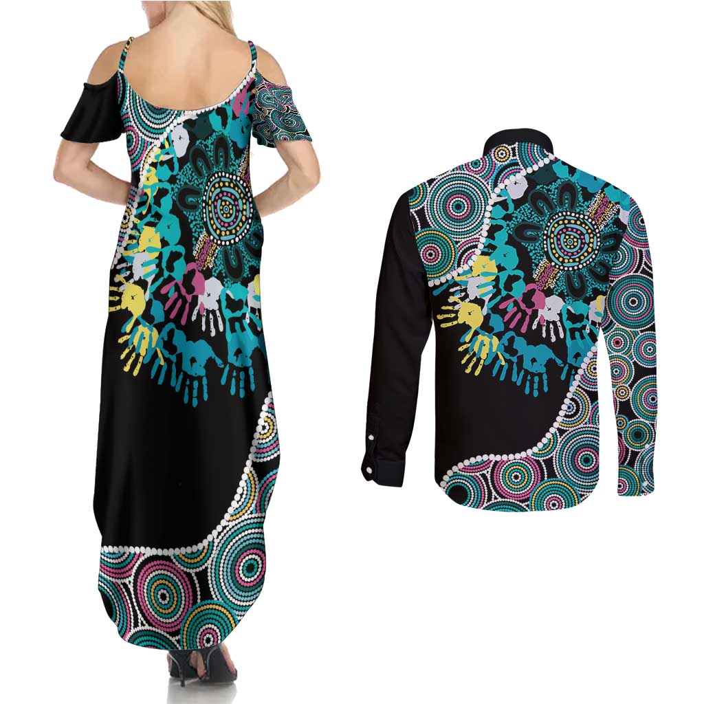 Honouring 50 Year Of NAIDOC Couples Matching Summer Maxi Dress and Long Sleeve Button Shirt Honouring The Next Generation Pastel Aboriginal Art