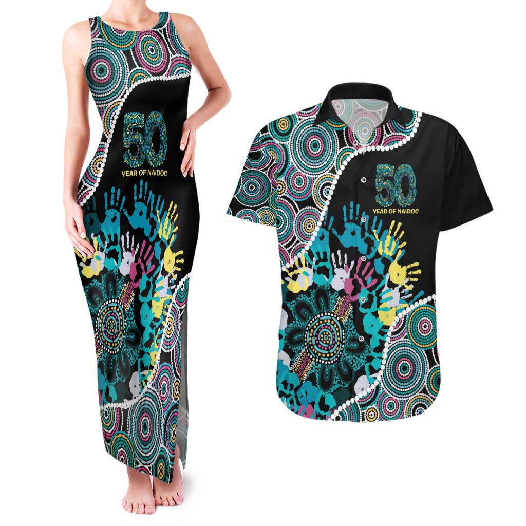 Honouring 50 Year Of NAIDOC Couples Matching Tank Maxi Dress and Hawaiian Shirt Honouring The Next Generation Pastel Aboriginal Art