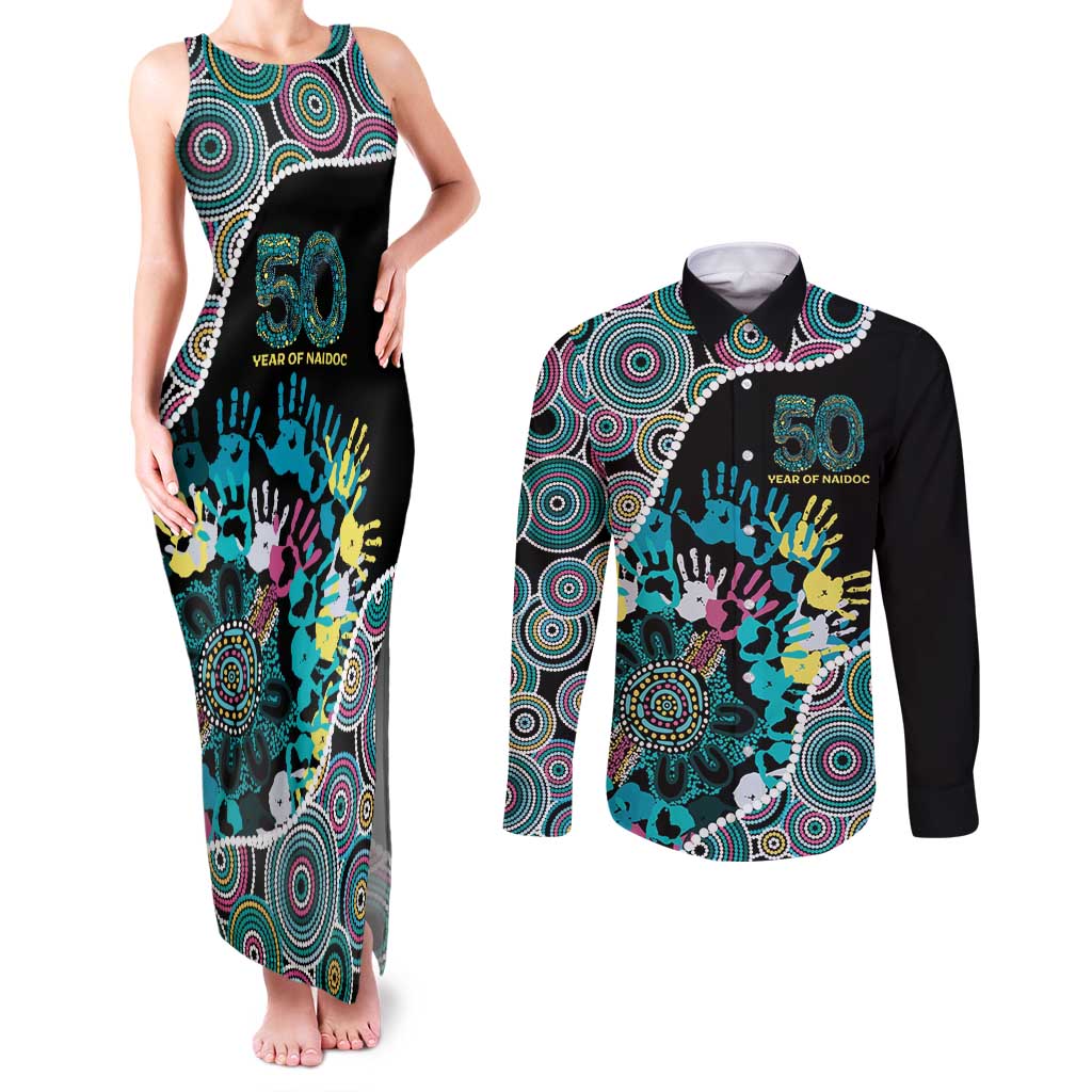Honouring 50 Year Of NAIDOC Couples Matching Tank Maxi Dress and Long Sleeve Button Shirt Honouring The Next Generation Pastel Aboriginal Art