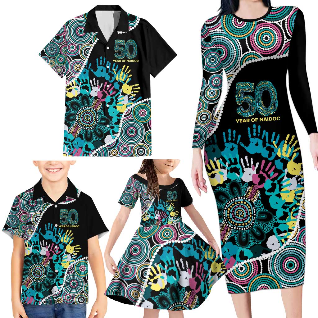 Honouring 50 Year Of NAIDOC Family Matching Long Sleeve Bodycon Dress and Hawaiian Shirt Honouring The Next Generation Pastel Aboriginal Art
