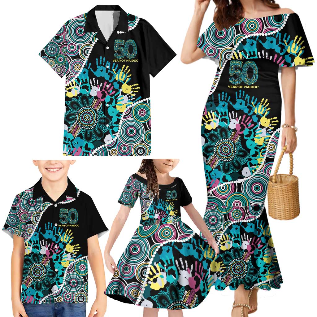 Honouring 50 Year Of NAIDOC Family Matching Mermaid Dress and Hawaiian Shirt Honouring The Next Generation Pastel Aboriginal Art