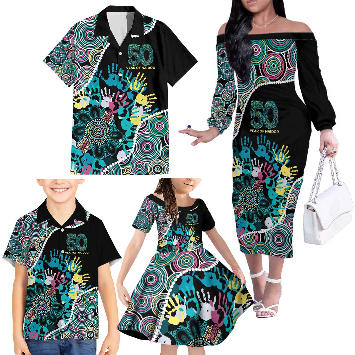 Honouring 50 Year Of NAIDOC Family Matching Off The Shoulder Long Sleeve Dress and Hawaiian Shirt Honouring The Next Generation Pastel Aboriginal Art