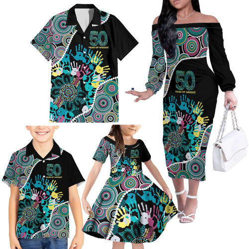 Honouring 50 Year Of NAIDOC Family Matching Off The Shoulder Long Sleeve Dress and Hawaiian Shirt Honouring The Next Generation Pastel Aboriginal Art