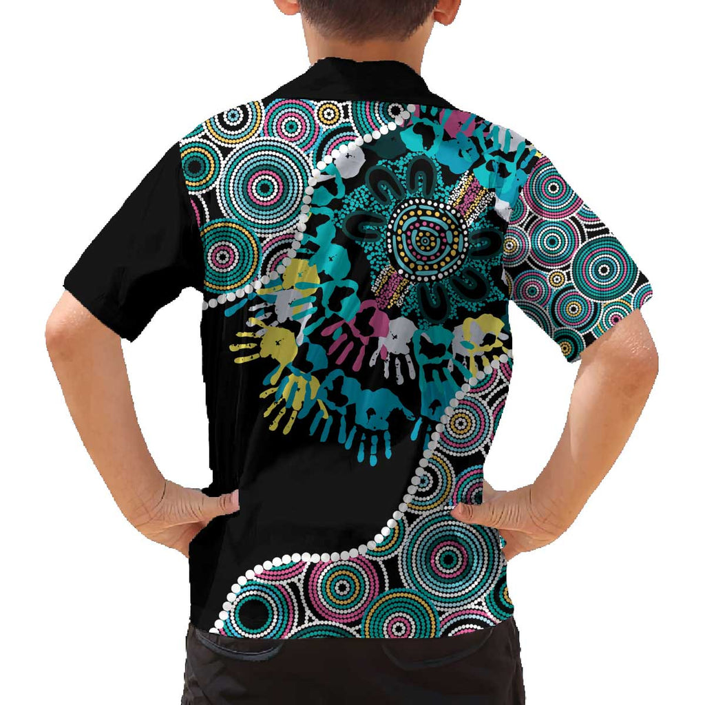 Honouring 50 Year Of NAIDOC Family Matching Off The Shoulder Long Sleeve Dress and Hawaiian Shirt Honouring The Next Generation Pastel Aboriginal Art