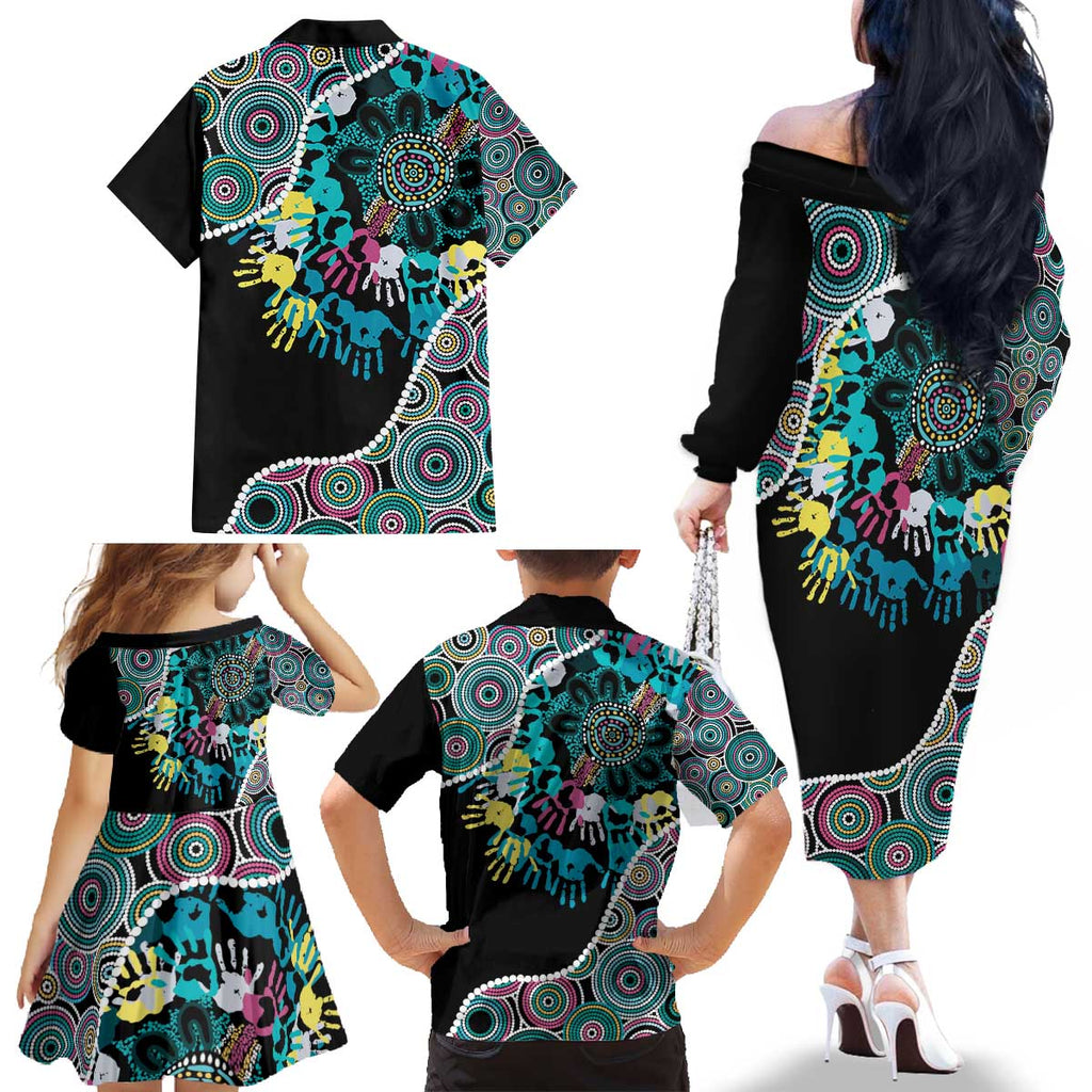 Honouring 50 Year Of NAIDOC Family Matching Off The Shoulder Long Sleeve Dress and Hawaiian Shirt Honouring The Next Generation Pastel Aboriginal Art