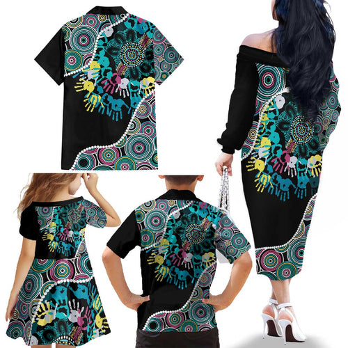 Honouring 50 Year Of NAIDOC Family Matching Off The Shoulder Long Sleeve Dress and Hawaiian Shirt Honouring The Next Generation Pastel Aboriginal Art