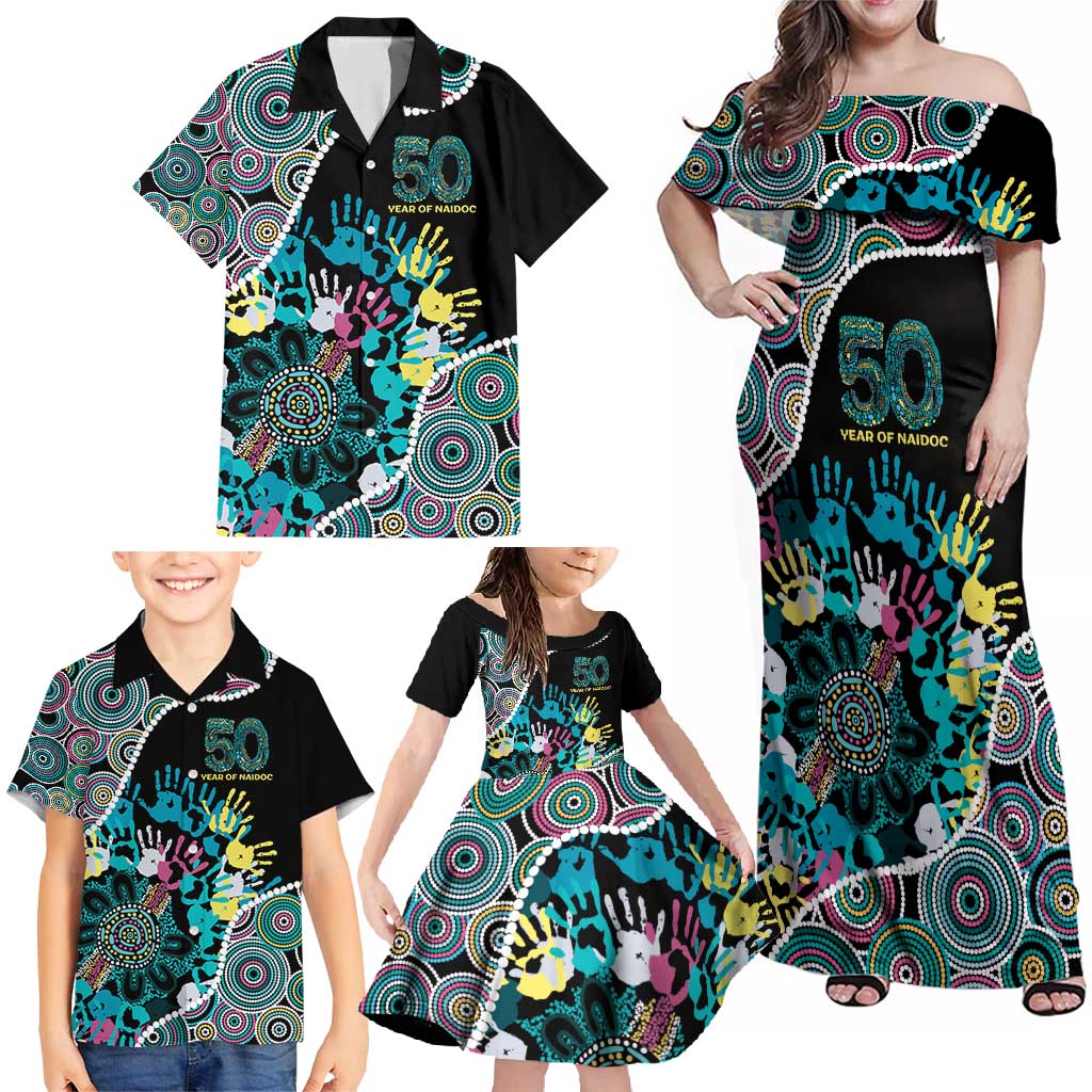 Honouring 50 Year Of NAIDOC Family Matching Off Shoulder Maxi Dress and Hawaiian Shirt Honouring The Next Generation Pastel Aboriginal Art
