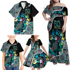 Honouring 50 Year Of NAIDOC Family Matching Off Shoulder Maxi Dress and Hawaiian Shirt Honouring The Next Generation Pastel Aboriginal Art