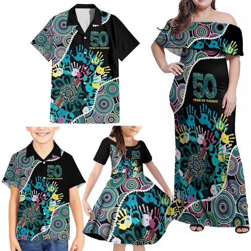 Honouring 50 Year Of NAIDOC Family Matching Off Shoulder Maxi Dress and Hawaiian Shirt Honouring The Next Generation Pastel Aboriginal Art