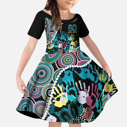 Honouring 50 Year Of NAIDOC Family Matching Off Shoulder Maxi Dress and Hawaiian Shirt Honouring The Next Generation Pastel Aboriginal Art