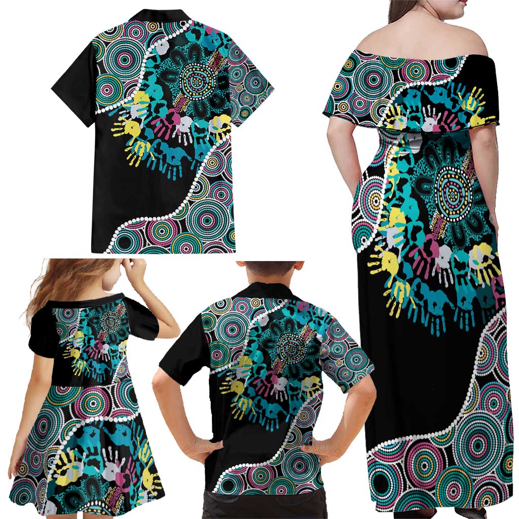 Honouring 50 Year Of NAIDOC Family Matching Off Shoulder Maxi Dress and Hawaiian Shirt Honouring The Next Generation Pastel Aboriginal Art