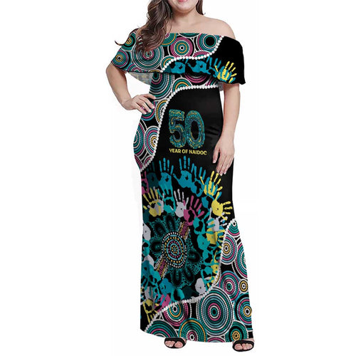Honouring 50 Year Of NAIDOC Family Matching Off Shoulder Maxi Dress and Hawaiian Shirt Honouring The Next Generation Pastel Aboriginal Art
