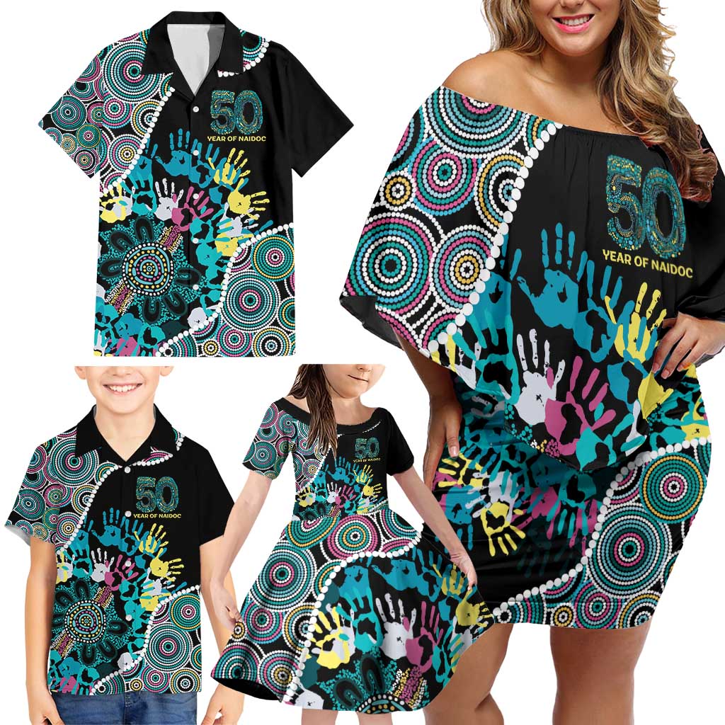 Honouring 50 Year Of NAIDOC Family Matching Off Shoulder Short Dress and Hawaiian Shirt Honouring The Next Generation Pastel Aboriginal Art