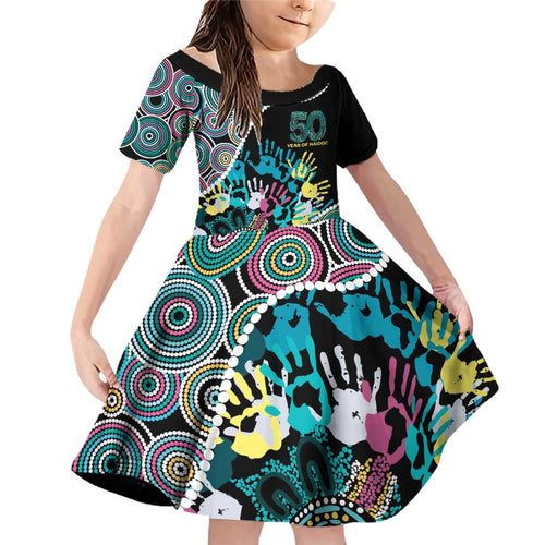 Honouring 50 Year Of NAIDOC Family Matching Off Shoulder Short Dress and Hawaiian Shirt Honouring The Next Generation Pastel Aboriginal Art