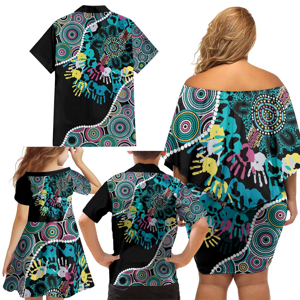 Honouring 50 Year Of NAIDOC Family Matching Off Shoulder Short Dress and Hawaiian Shirt Honouring The Next Generation Pastel Aboriginal Art