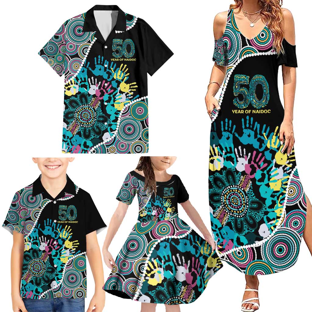 Honouring 50 Year Of NAIDOC Family Matching Summer Maxi Dress and Hawaiian Shirt Honouring The Next Generation Pastel Aboriginal Art