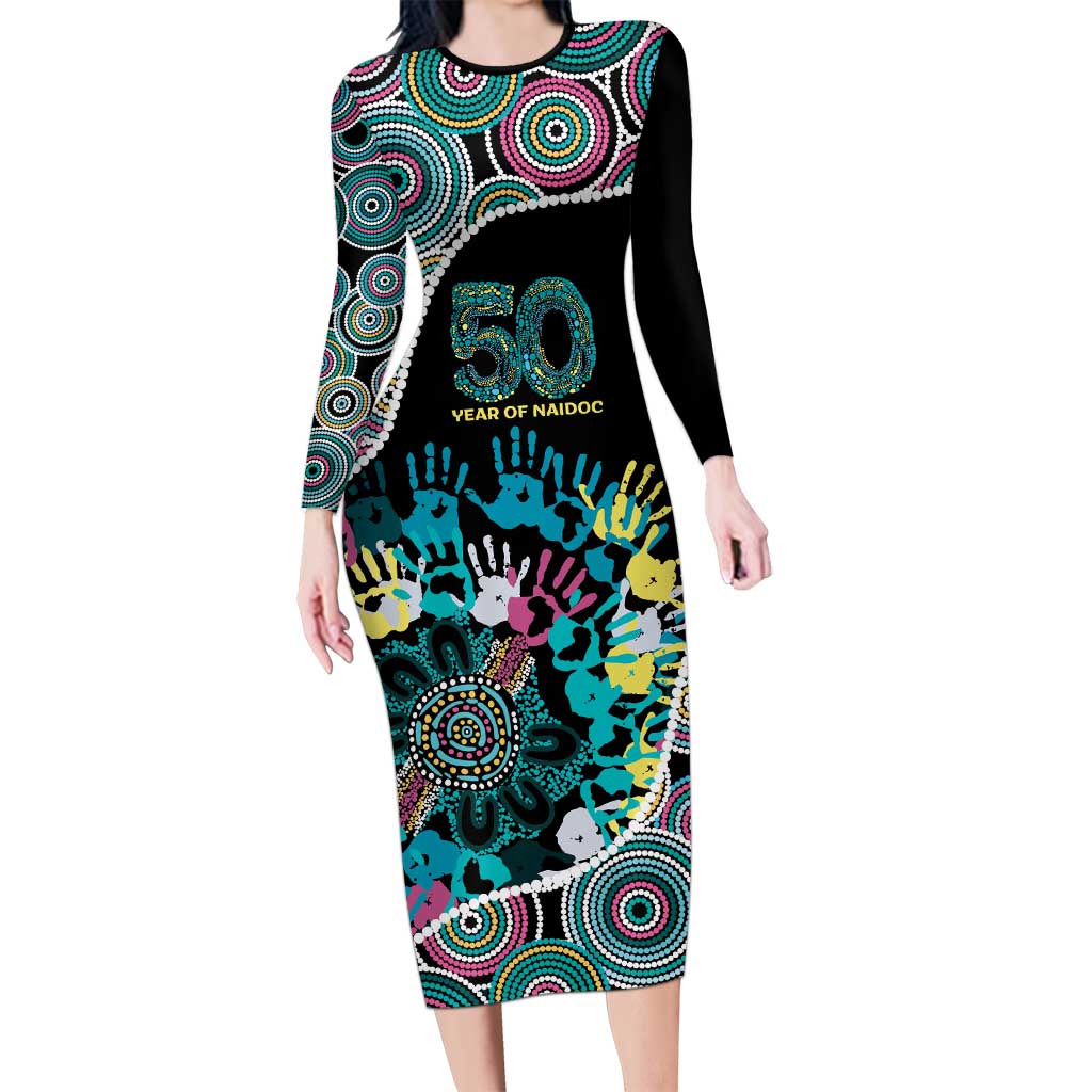 Honouring 50 Year Of NAIDOC Long Sleeve Bodycon Dress Honouring The Next Generation Pastel Aboriginal Art