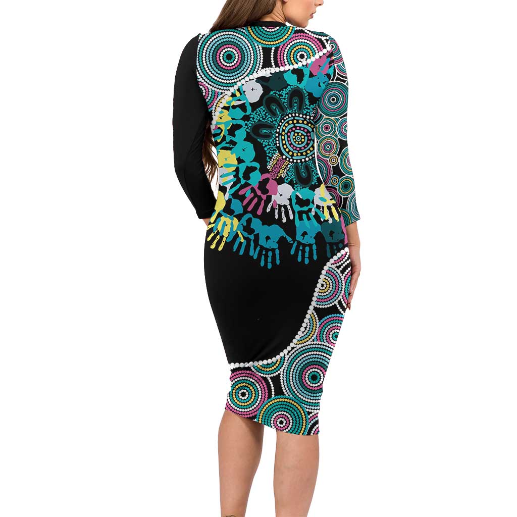 Honouring 50 Year Of NAIDOC Long Sleeve Bodycon Dress Honouring The Next Generation Pastel Aboriginal Art