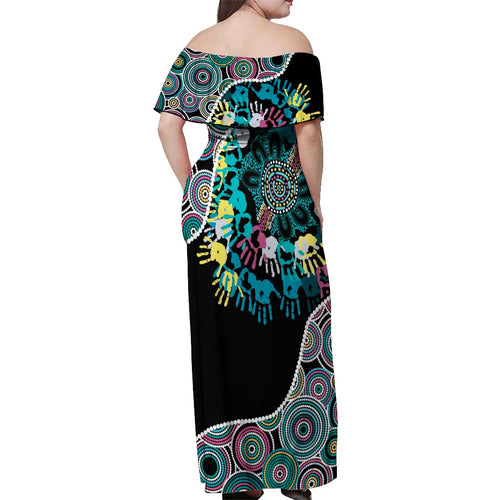Honouring 50 Year Of NAIDOC Off Shoulder Maxi Dress Honouring The Next Generation Pastel Aboriginal Art