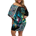 Honouring 50 Year Of NAIDOC Off Shoulder Short Dress Honouring The Next Generation Pastel Aboriginal Art