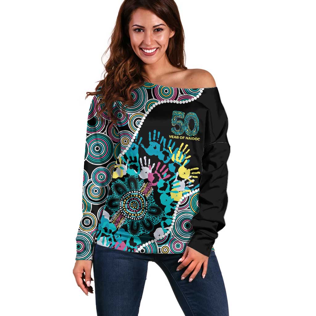 Honouring 50 Year Of NAIDOC Off Shoulder Sweater Honouring The Next Generation Pastel Aboriginal Art