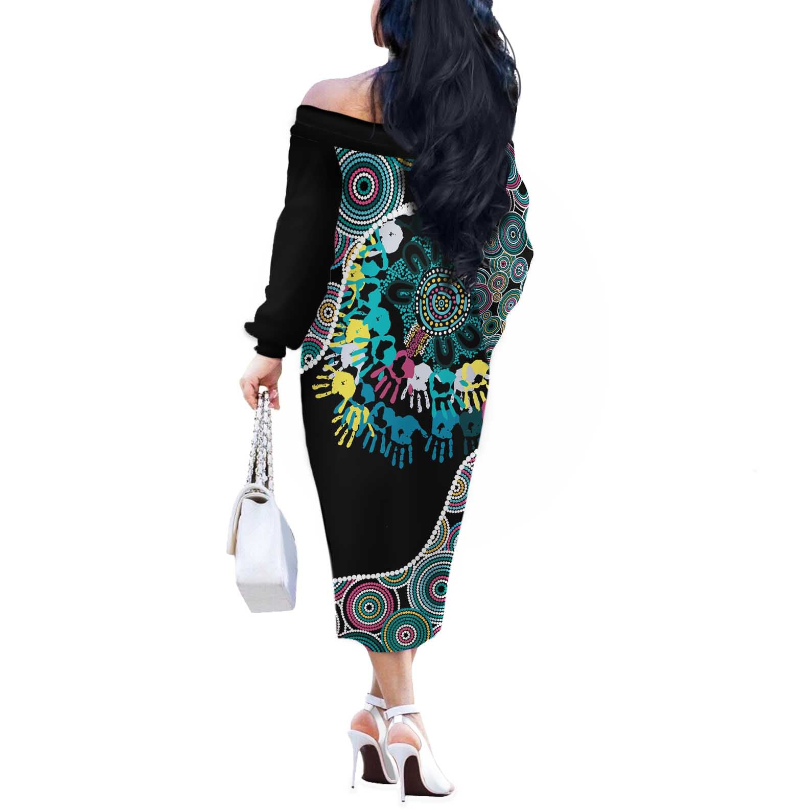Honouring 50 Year Of NAIDOC Off The Shoulder Long Sleeve Dress Honouring The Next Generation Pastel Aboriginal Art