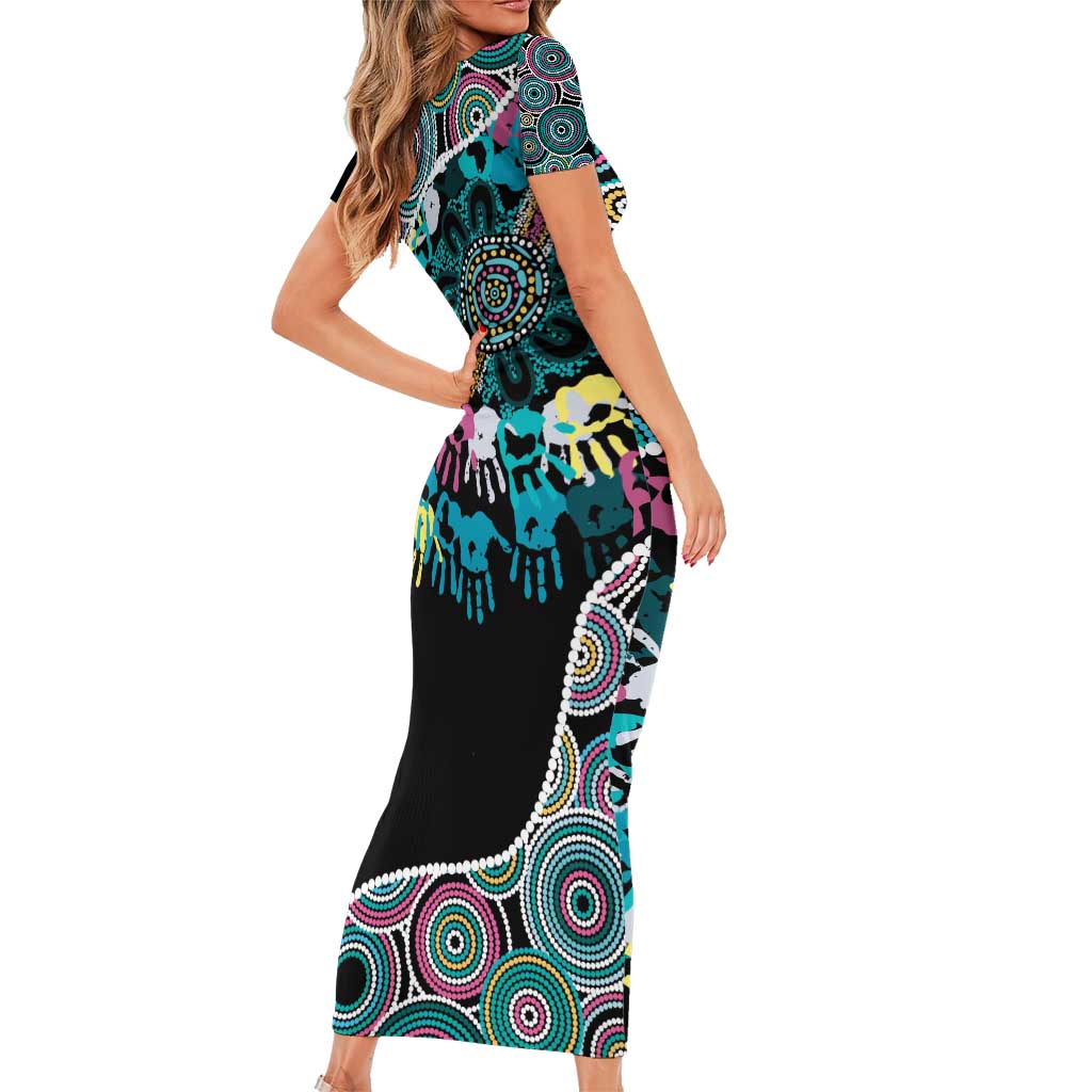 Honouring 50 Year Of NAIDOC Short Sleeve Bodycon Dress Honouring The Next Generation Pastel Aboriginal Art