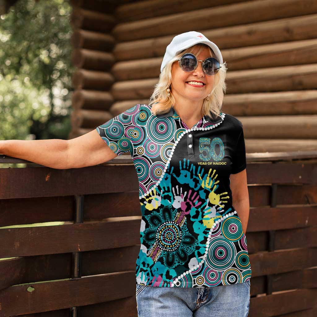 Honouring 50 Year Of NAIDOC Women Polo Shirt Honouring The Next Generation Pastel Aboriginal Art