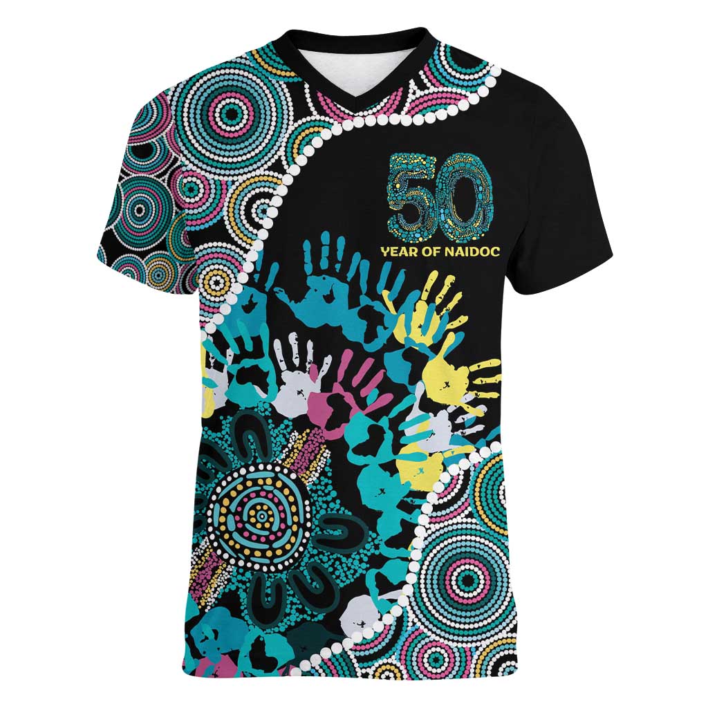 Honouring 50 Year Of NAIDOC Women V-Neck T-Shirt Honouring The Next Generation Pastel Aboriginal Art